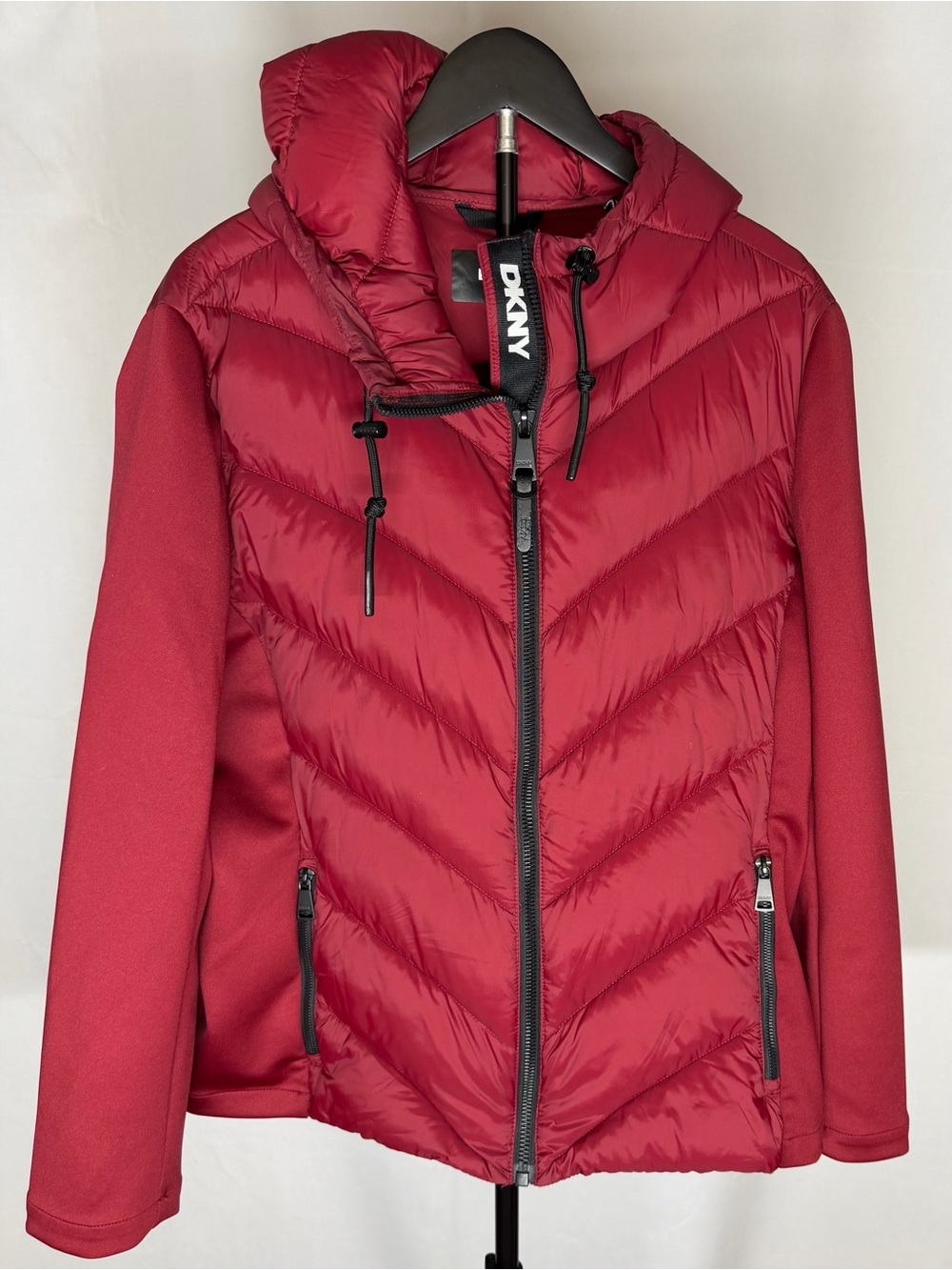 DKNY Red Mixed Media Hooded Hybrid Quilted Puffer Nylon Jacket XXL Sporty Coat